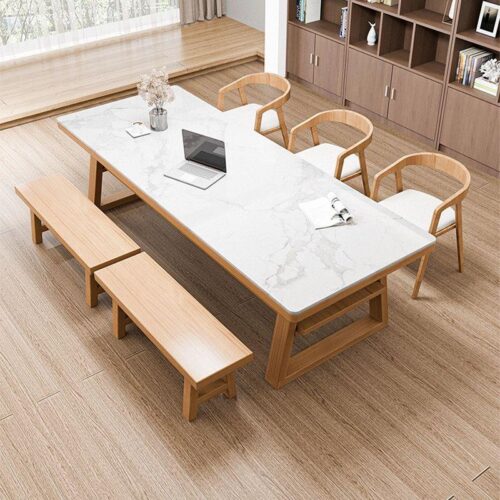 Rectangular Sintered Stone Dining Table Solid Pine Wood Frame With Bottom Storage Shelf - Dining table - QONKA HOME