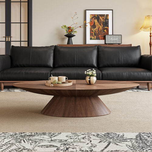 Mid‑Century Modern Oval Walnut Coffee Table, Pedestal Base Wood Coffee Table - Coffee table - QONKA HOME