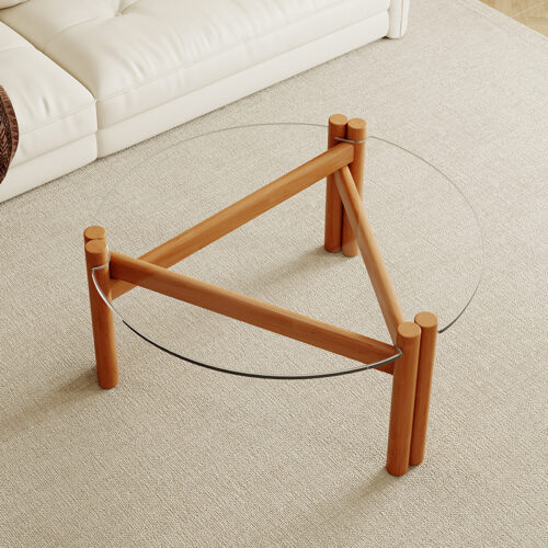 Modern minimalist Round Clear Glass Coffee Table, Tripod Wooden Leg Transparent Center Table - Coffee table - QONKA HOME