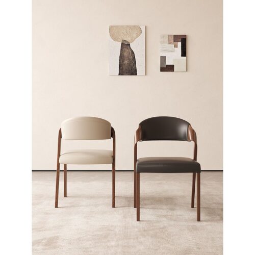 Italian Minimalist Solid Wood Arm Dining Chair PU Leather Upholstered Side Chair Ergonomic Curved Backrest Chair - Solid w...