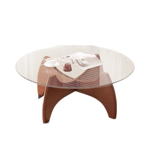 Mid‑Century Round Clear Glass Coffee Table, Tripod Wooden Leg Transparent Center Table - Coffee table - QONKA HOME
