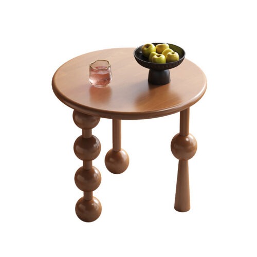 Round Rubber Wood Side Table, Creative Beaded Sculptural Leg End Table, Modern Decorative Wooden Accent Table For Living R...