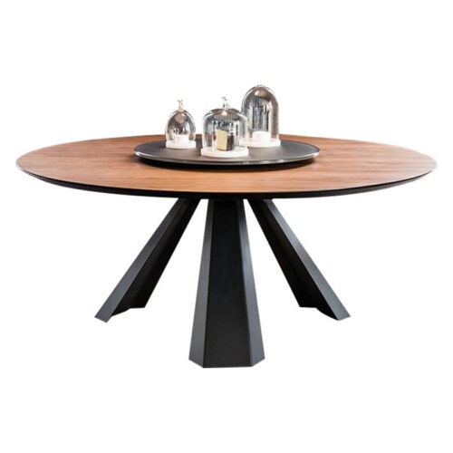 Round Solid Pine Wood Dining Table With Metal Iron Legs Luxury Home Dinner Table - Dining table - QONKA HOME