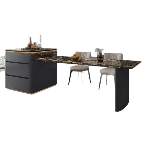Extendable Natural Luxury Stone Dining Table Island Integrated Design Solid Wood Frame With Storage & LED Light - Din...