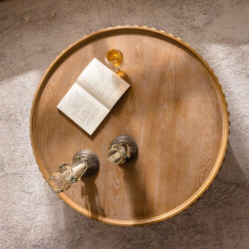 Mid‑Century Round Wood Coffee Table, Carved Fluted Pedestal Center Table, Vintage Distressed Wooden Tea Table - Coffee t...