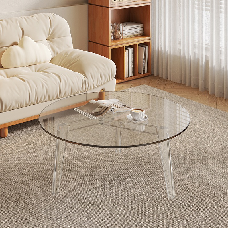 Modern Round Clear Glass Coffee Table, Transparent Acrylic & wooden Leg Minimalist Center Table For Living Room Decor...