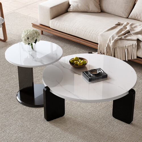 Cream Style Round Sintered Stone Coffee Tables Modern wooden leg Center Table said table - Bedside table - QONKA HOME