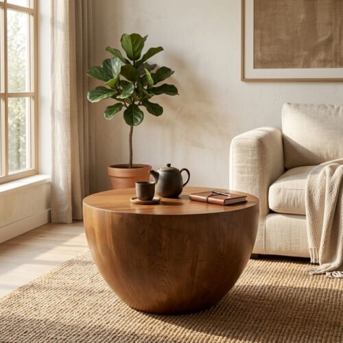 Modern Bowl Shaped Solid Wood Coffee Table, Wabi‑Sabi Style Round Wooden Center Table  Custom size and color - Bedside t...