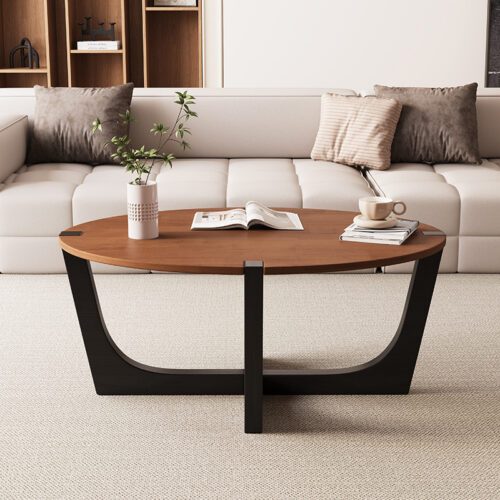 Oval & Round Solid Wood Coffee Table with Black Metal Legs, Modern Living Room Center Table - Coffee table - QONKA HOME