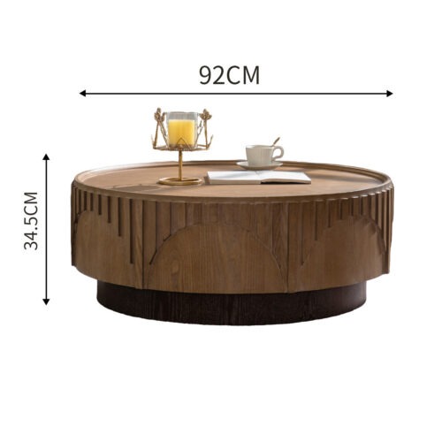 Mid‑Century Round Wood Coffee Table, Carved Fluted Pedestal Center Table, Vintage Distressed Wooden Tea Table - Coffee t...