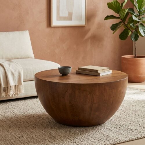 Modern Bowl Shaped Solid Wood Coffee Table, Wabi‑Sabi Style Round Wooden Center Table  Custom size and color - Bedside t...