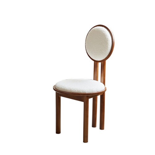 Vintage Solid Wood Dining Chair With Round Hollow Backrest, Cream Boucle Teddy Fabric Upholstered Seat, Mid Century Modern...