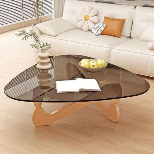 Modern  rounded triangle Tempered Glass Coffee Table, Unique Crossed Solid Wood Leg Art Center Table - Coffee table - QONK...