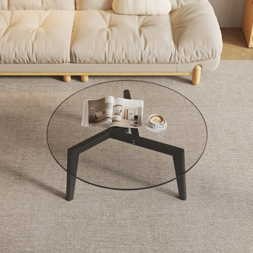 Modern Round Clear Glass Coffee Table, Transparent Acrylic & wooden Leg Minimalist Center Table For Living Room Decor...
