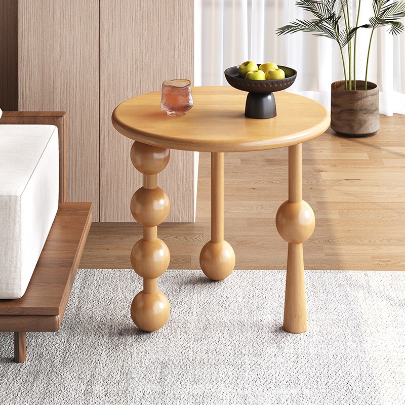 Round Rubber Wood Side Table, Creative Beaded Sculptural Leg End Table, Modern Decorative Wooden Accent Table For Living R...