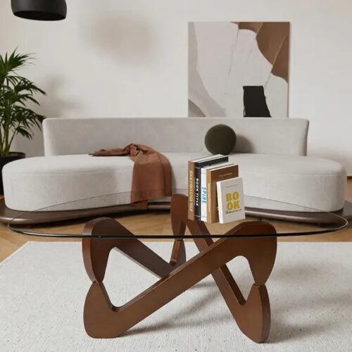 Modern  rounded triangle Tempered Glass Coffee Table, Unique Crossed Solid Wood Leg Art Center Table - Coffee table - QONK...