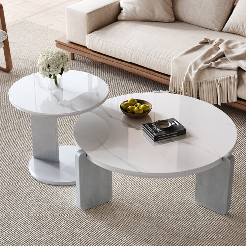 Cream Style Round Sintered Stone Coffee Tables Modern wooden leg Center Table said table - Bedside table - QONKA HOME