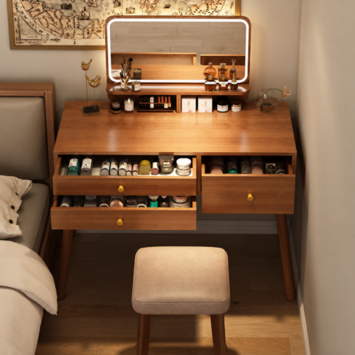 Wooden Makeup Vanity Table with LED Flip Mirror - Bedroom furniture - QONKA HOME