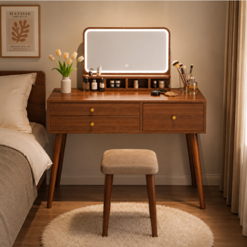 Wooden Makeup Vanity Table with LED Flip Mirror - Bedroom furniture - QONKA HOME