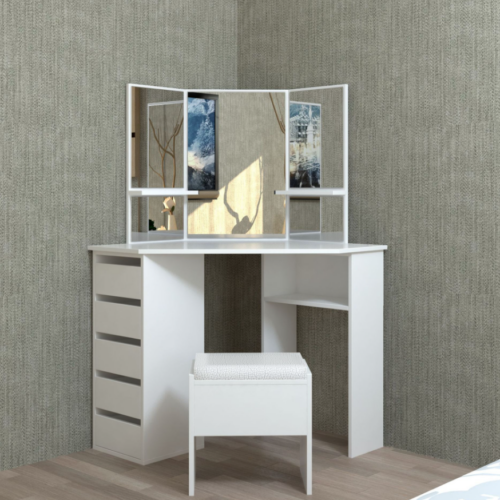 Corner Makeup Vanity Table with Tri-Fold Mirror - Bedroom furniture - QONKA HOME