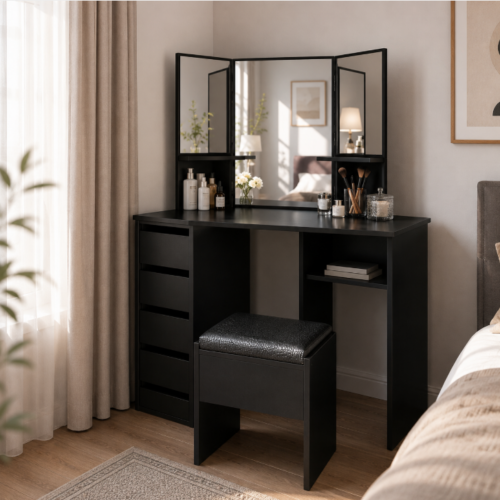 Corner Makeup Vanity Table with Tri-Fold Mirror - Bedroom furniture - QONKA HOME
