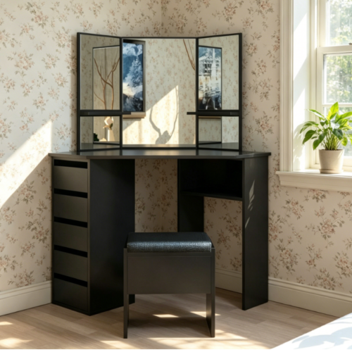 Corner Makeup Vanity Table with Tri-Fold Mirror - Bedroom furniture - QONKA HOME