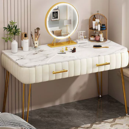 Makeup Vanity Table with Round LED Mirro - Bedroom furniture - QONKA HOME