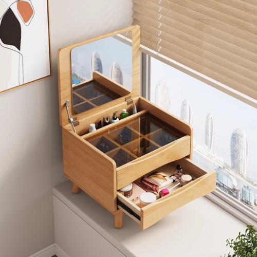 Wooden Tabletop Makeup Storage Cabinet with Mirror - Bedroom furniture - QONKA HOME
