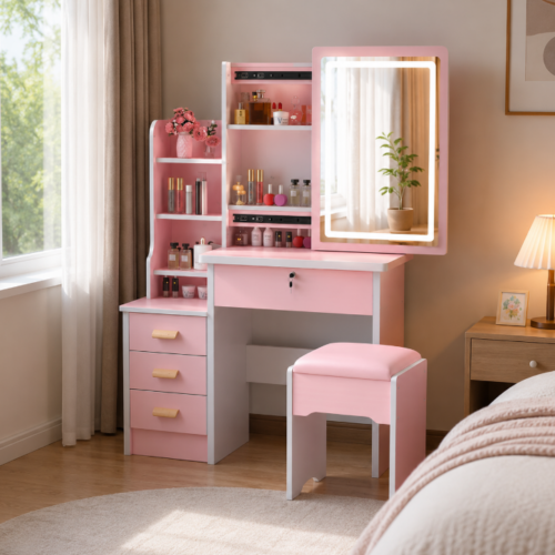 Wood Makeup Vanity Table with Sliding LED Mirror - Bedroom furniture - QONKA HOME
