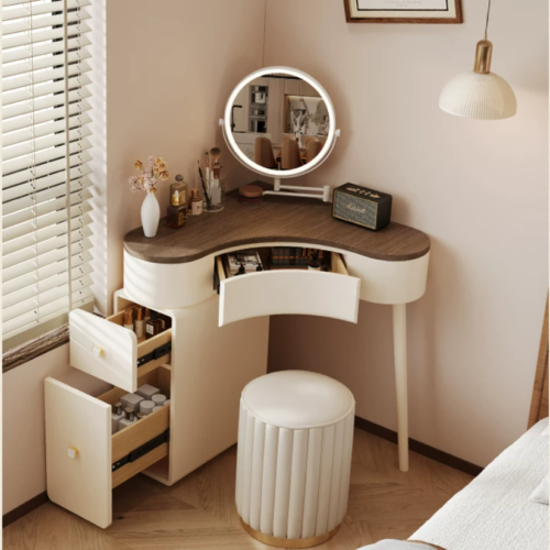 Cream Corner Curved Makeup Vanity Table with LED Mirror - Bedroom furniture - QONKA HOME