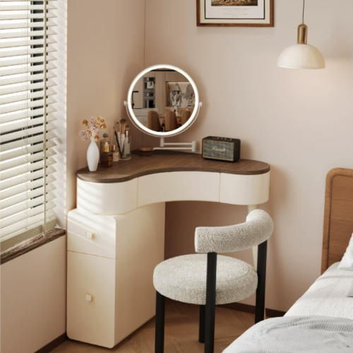 Cream Corner Curved Makeup Vanity Table with LED Mirror - Bedroom furniture - QONKA HOME