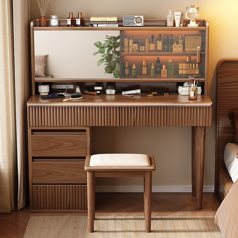 Wood Makeup Vanity Table with Glass Display Cabinet - Bedroom furniture - QONKA HOME