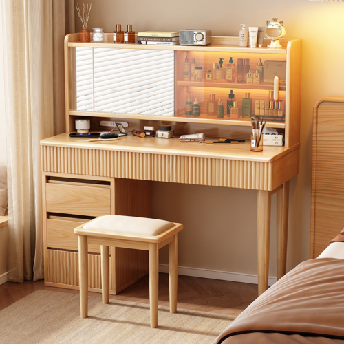 Wood Makeup Vanity Table with Glass Display Cabinet - Bedroom furniture - QONKA HOME