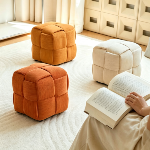 Woven Cube Ottoman Stool - Living room furniture - QONKA HOME