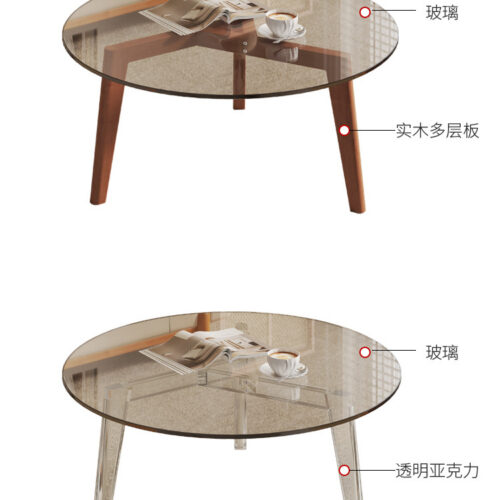 Modern Round Clear Glass Coffee Table, Transparent Acrylic & wooden Leg Minimalist Center Table For Living Room Decor...
