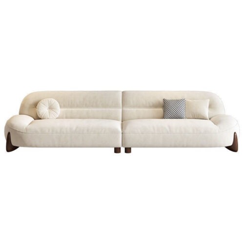 Minimalist Cream-Toned Cat-Scratch-Resistant Leather Sofa with Curved Design - Living room furniture - QONKA HOME