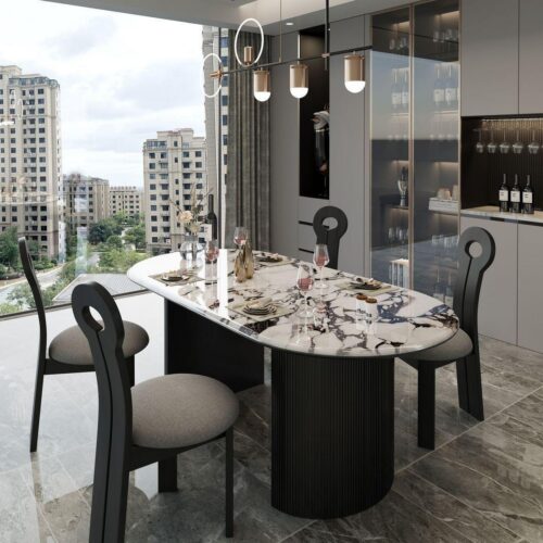 Oval Artificial Marble Dining Table Fluted Carbon Steel Leg Modern Luxury Dinner Table - Dining table - QONKA HOME