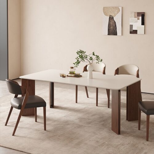 Italian Minimalist Solid Wood Arm Dining Chair PU Leather Upholstered Side Chair Ergonomic Curved Backrest Chair - Solid w...
