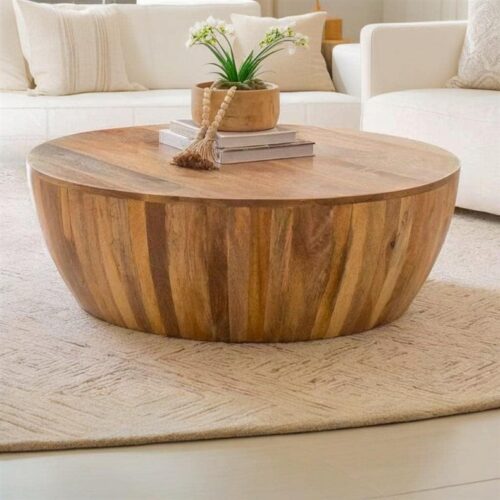 Rustic Round Drum Solid Wood Coffee Table, Handcrafted Circular Wooden Center Table - Coffee table - QONKA HOME