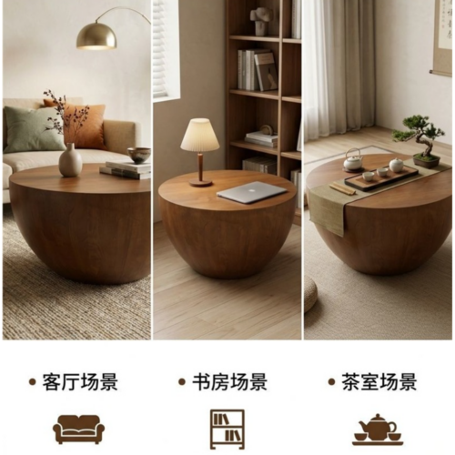 Modern Bowl Shaped Solid Wood Coffee Table, Wabi‑Sabi Style Round Wooden Center Table  Custom size and color - Bedside t...