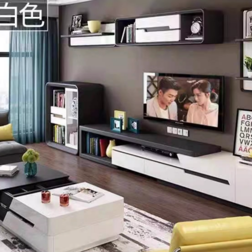 Modern Living Room Furniture Set, Multi‑functional Storage Coffee Table + Retractable TV Stand + Side Cabinet Wood Grain...