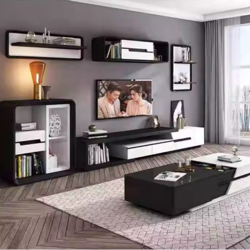 Modern Living Room Furniture Set, Multi‑functional Storage Coffee Table + Retractable TV Stand + Side Cabinet Wood Grain...