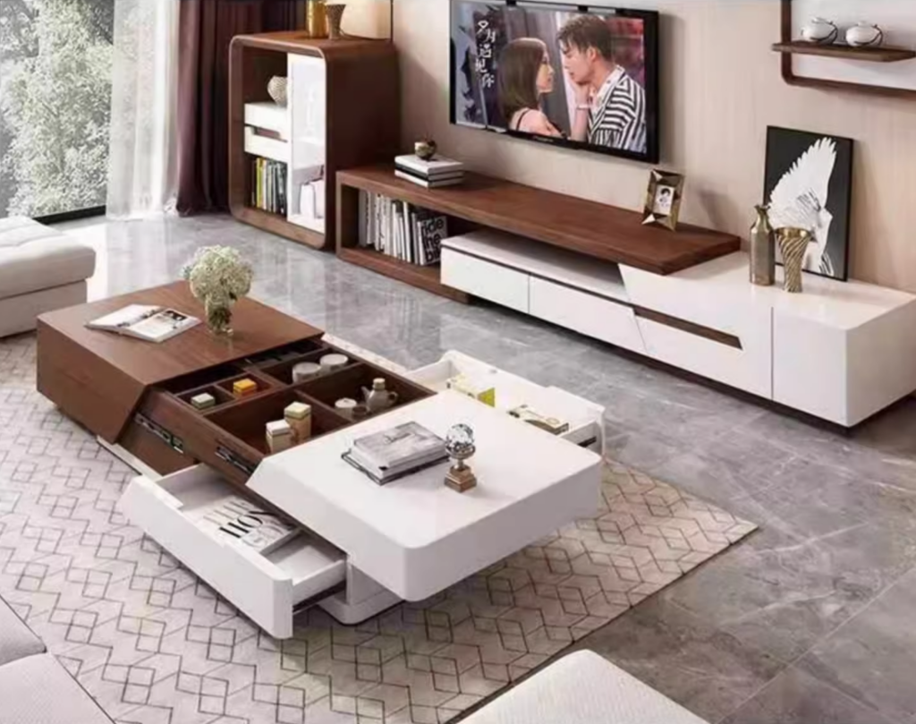 Modern Living Room Furniture Set, Multi‑functional Storage Coffee Table + Retractable TV Stand + Side Cabinet Wood Grain...