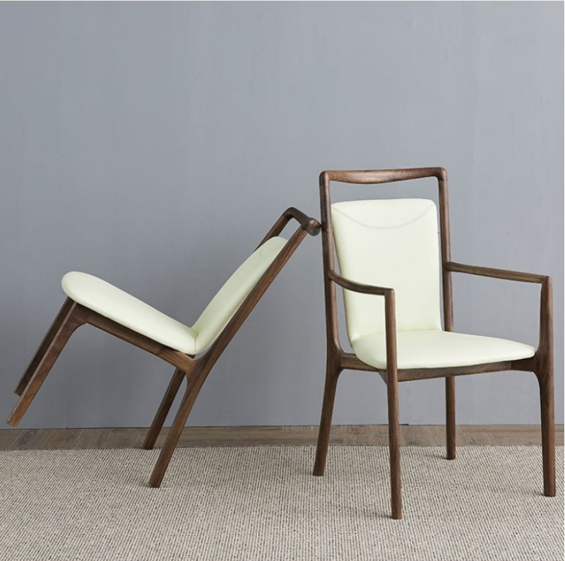 Mid Century Ash Wood Arm Dining Chair,  Leather Upholstered Seat & Backrest - Solid wood dining chair - QONKA HOME