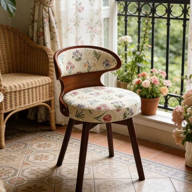 Vintage Floral Bird Print Fabric Dining Chair, Curved Bentwood Backrest Solid Wood Leg Upholstered Side Chair - Solid wood...