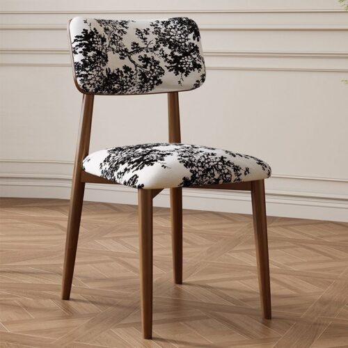 Vintage Printed Fabric Dining Chair, Solid Wood Legs Upholstered Side Chair  with Cat scratch leather& Lambswool - So...