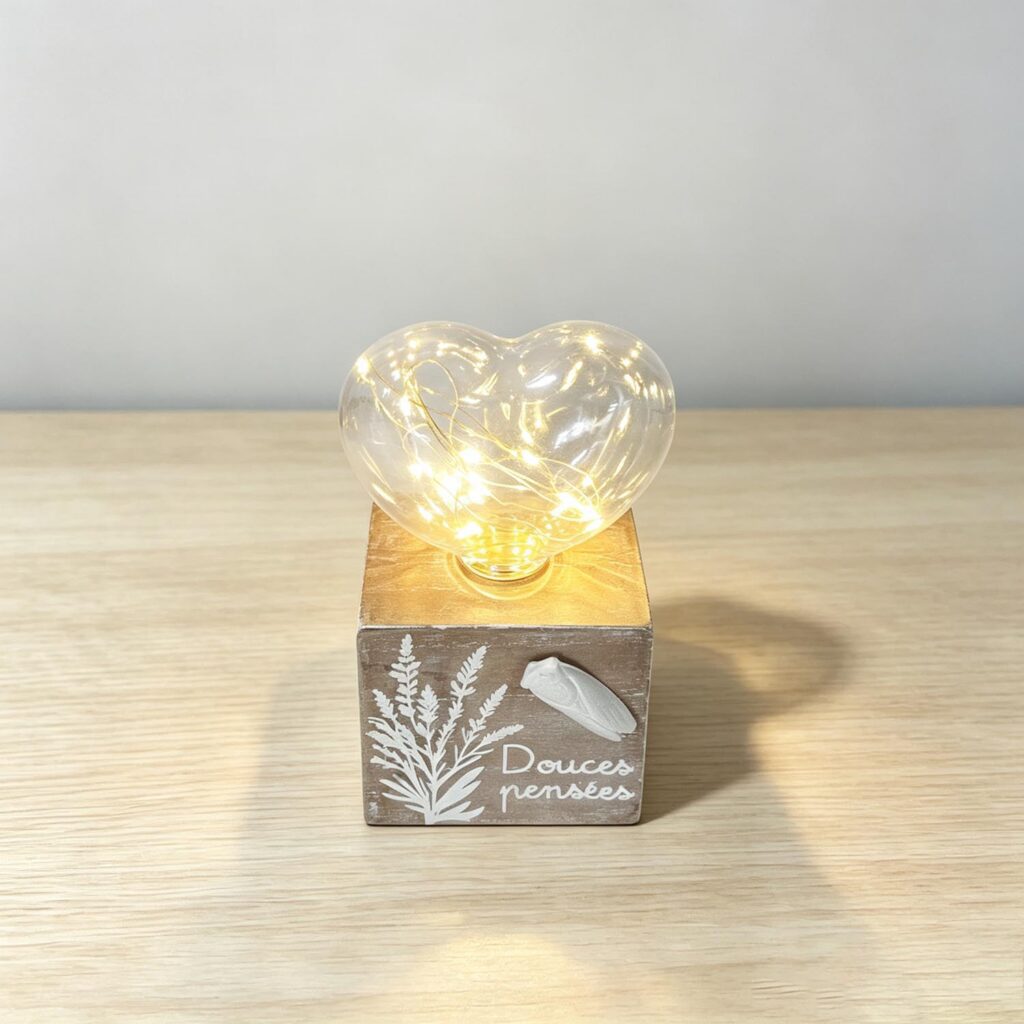 Heart‑shaped Glass LED Light with Distressed Wooden Base</trp-post-container...