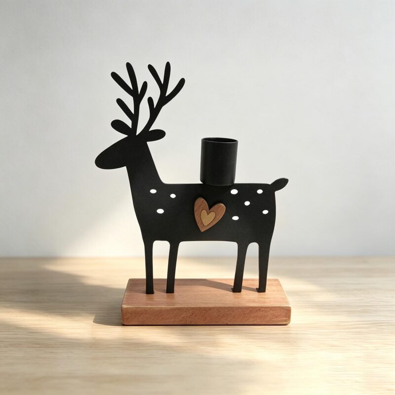 Metal Reindeer Candle Holder with Wood Base - Christmas -...