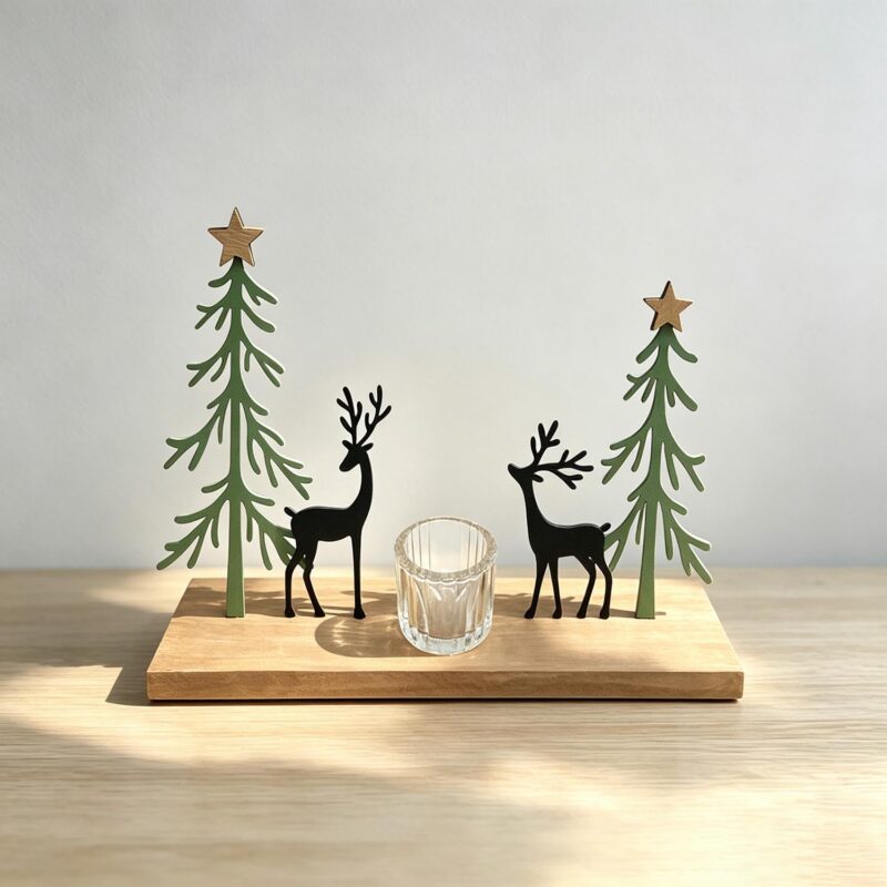 Wooden Deer & Tree Candle Holder - Christmas - life-...