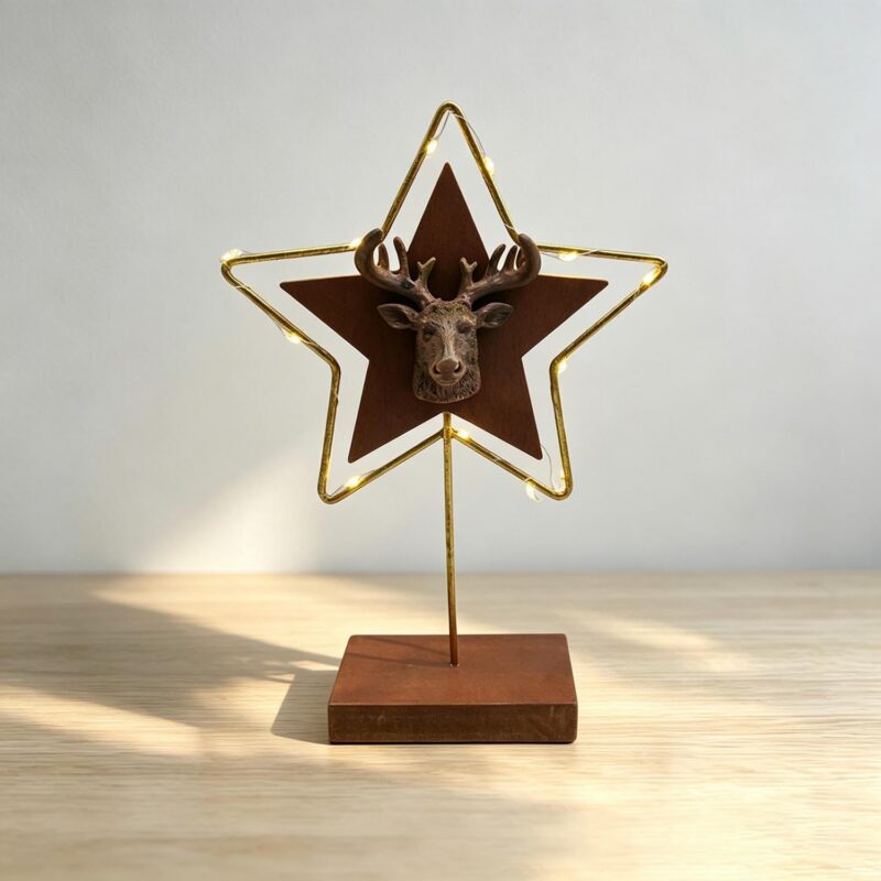 Brown Star Deer Head Table Ornament with LED Lights - Chr...